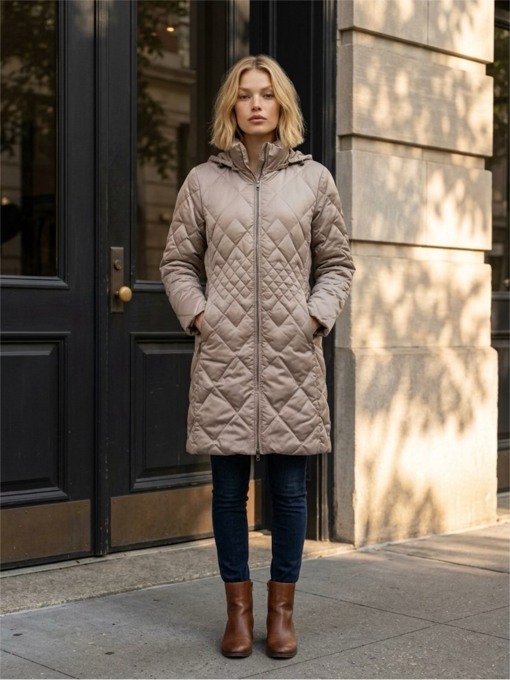 A.N.A Quilted Hooded Long Puffer Coat - Taupe